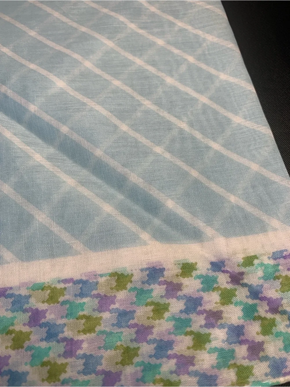 Dior Light Blue Cotton Scarf with Multicolor Houndstooth Border